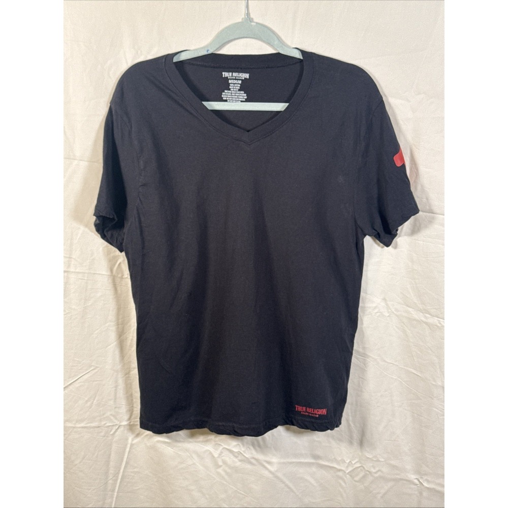 True Religion T-Shirt Men Med Black V-Neck Short Sleeve Cotton Logo Casual Tee